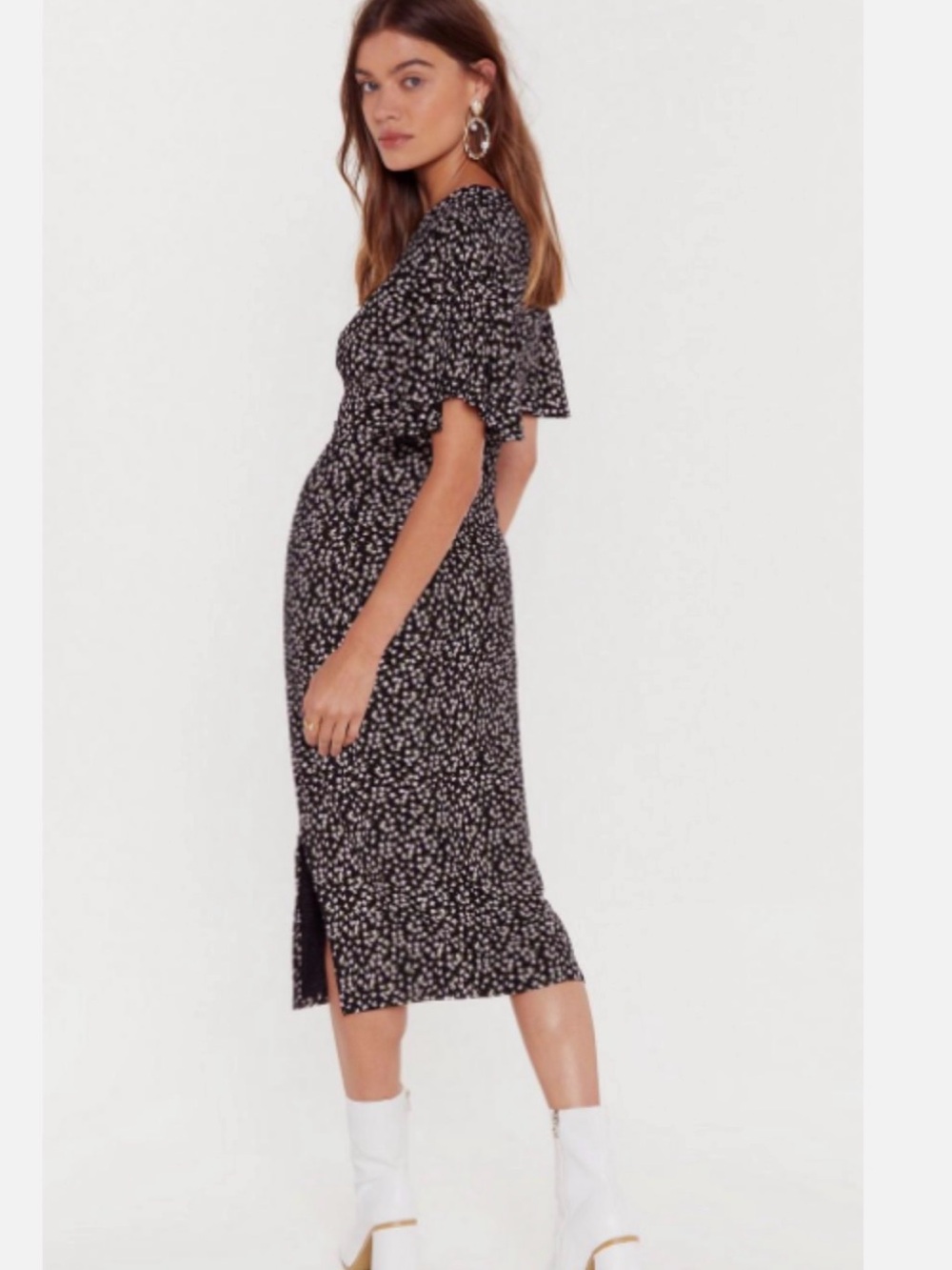 Nasty Gal Black Micro Floral Midi Dress with Flutter Sleeves